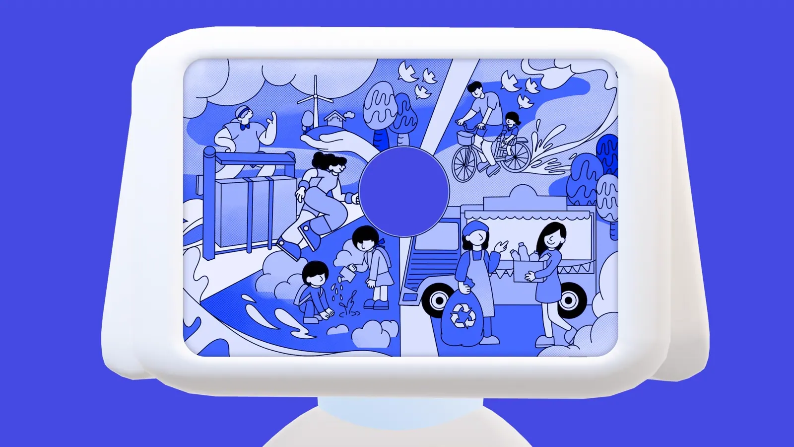 Good+ assistant device with an illustrated screen interface.