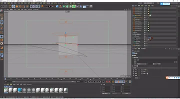 Cinema 4D work-in-progress view showing camera, lights, and layered scene geometry.