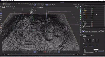 Cinema 4D wireframe terrain scene with lights, camera guides, and procedural controls.