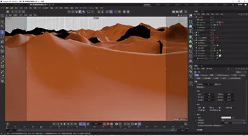 Cinema 4D work-in-progress viewport showing an orange layered terrain and camera framing.