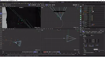 Four Cinema 4D viewports showing camera placement, lights, and terrain geometry.