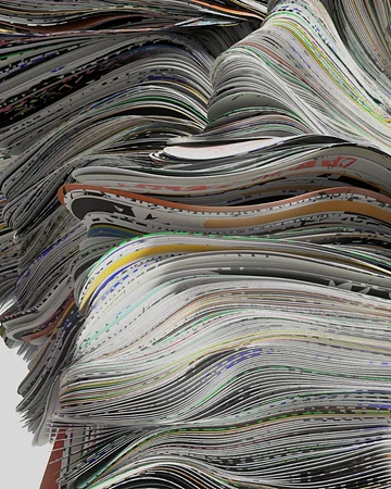 Layered grey and multicolour strips folding into an abstract volume in Distortions.