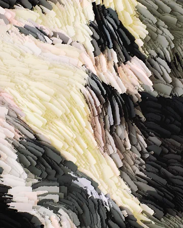 Pale yellow, pink, grey, and black strata forming an abstract layered surface in Distortions.