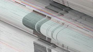 Horizontally distorted grey image with displaced lines and silhouettes in Distortions.