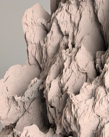Pale sculptural formation built from many thin folded layers in Distortions.