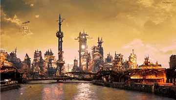 Golden speculative industrial cityscape from Steampunk Shanghai.