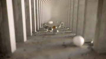 Small reflective spheres receding through a shallow corridor of repeating white arches in Marble Run.