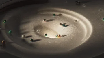 Small coloured spheres distributed across a circular illuminated basin in Marble Run.